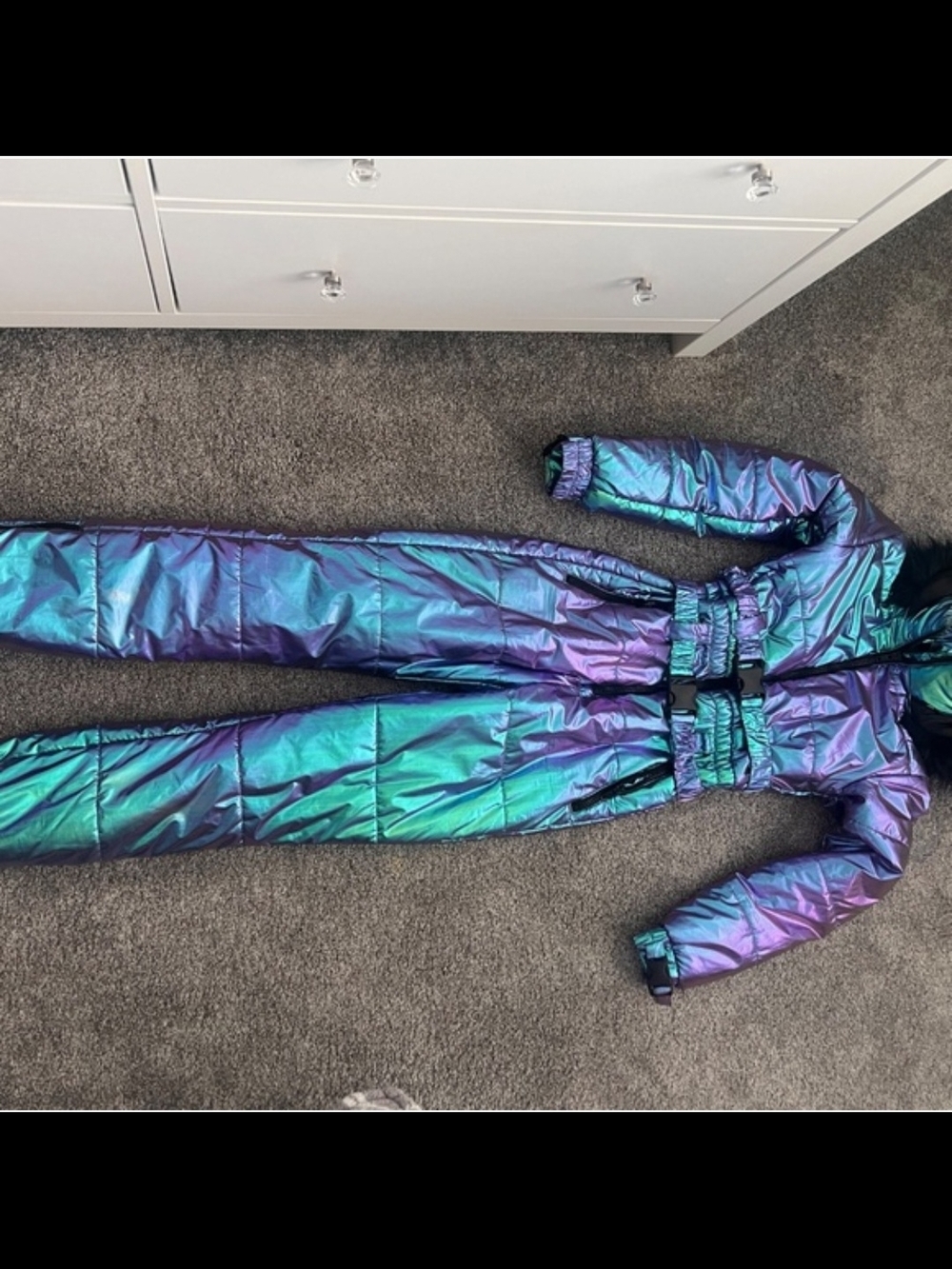 Dolls Kill Iridescent Teal to Purple Belted Puffer Jumpsuit